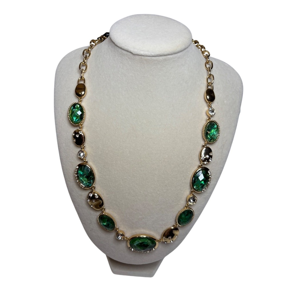 Napier Gold Tone Emerald Green Oval Crystal Rhinestone Necklace NWT